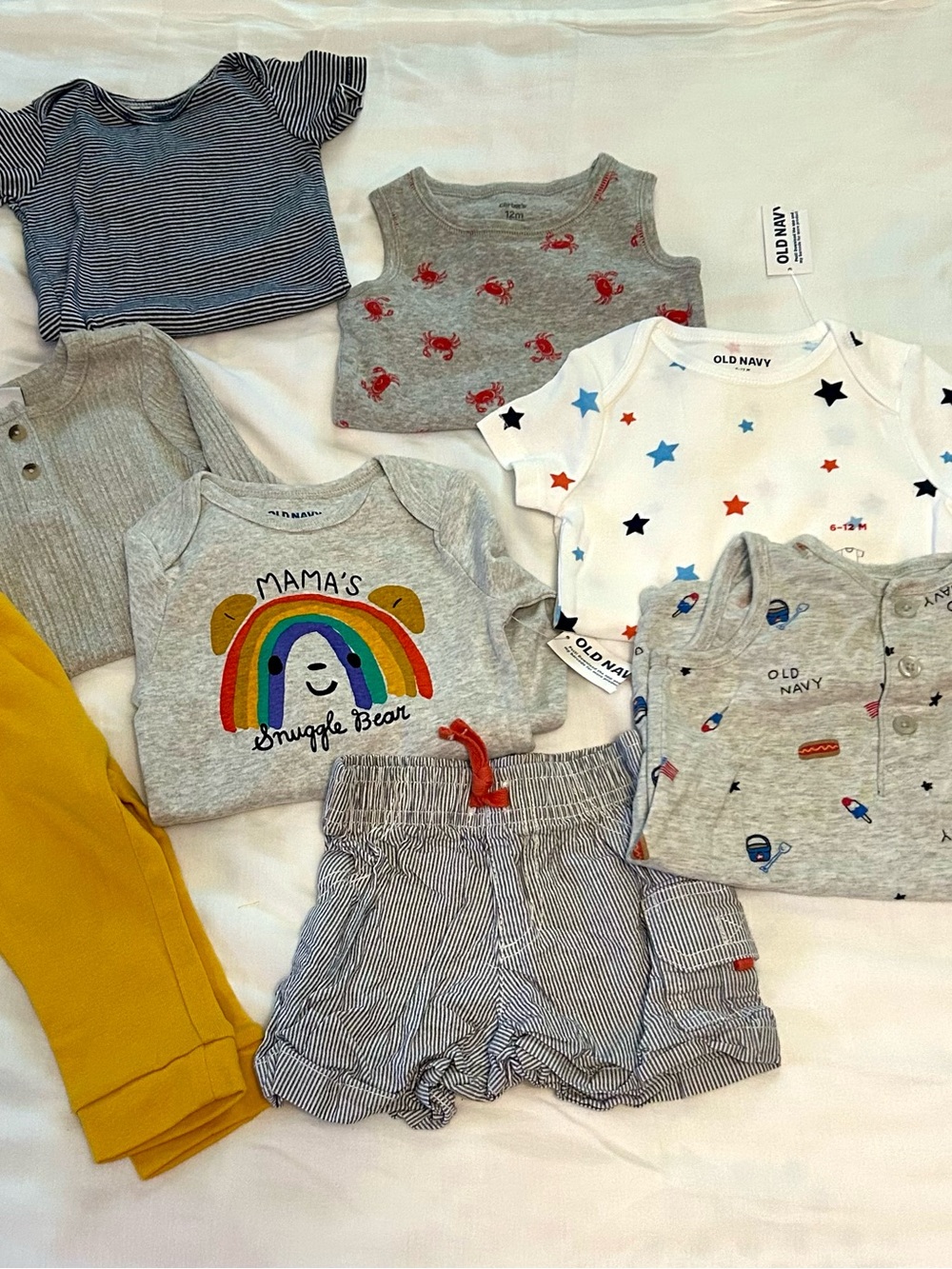 12 Month Bodysuits, Pants, Shorts 8 piece Bundle New and Like New